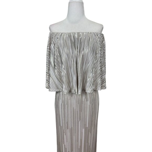 Caramela M Metallic Silver Off Shoulder Maxi Dress Evening Gown Elegant Chic - Picture 5 of 13